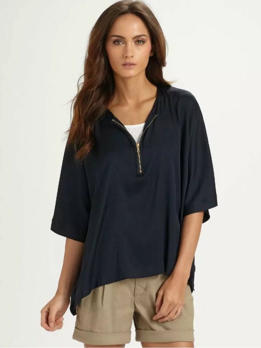 Vince 100% Silk Black Zip-Neck Tunic Top